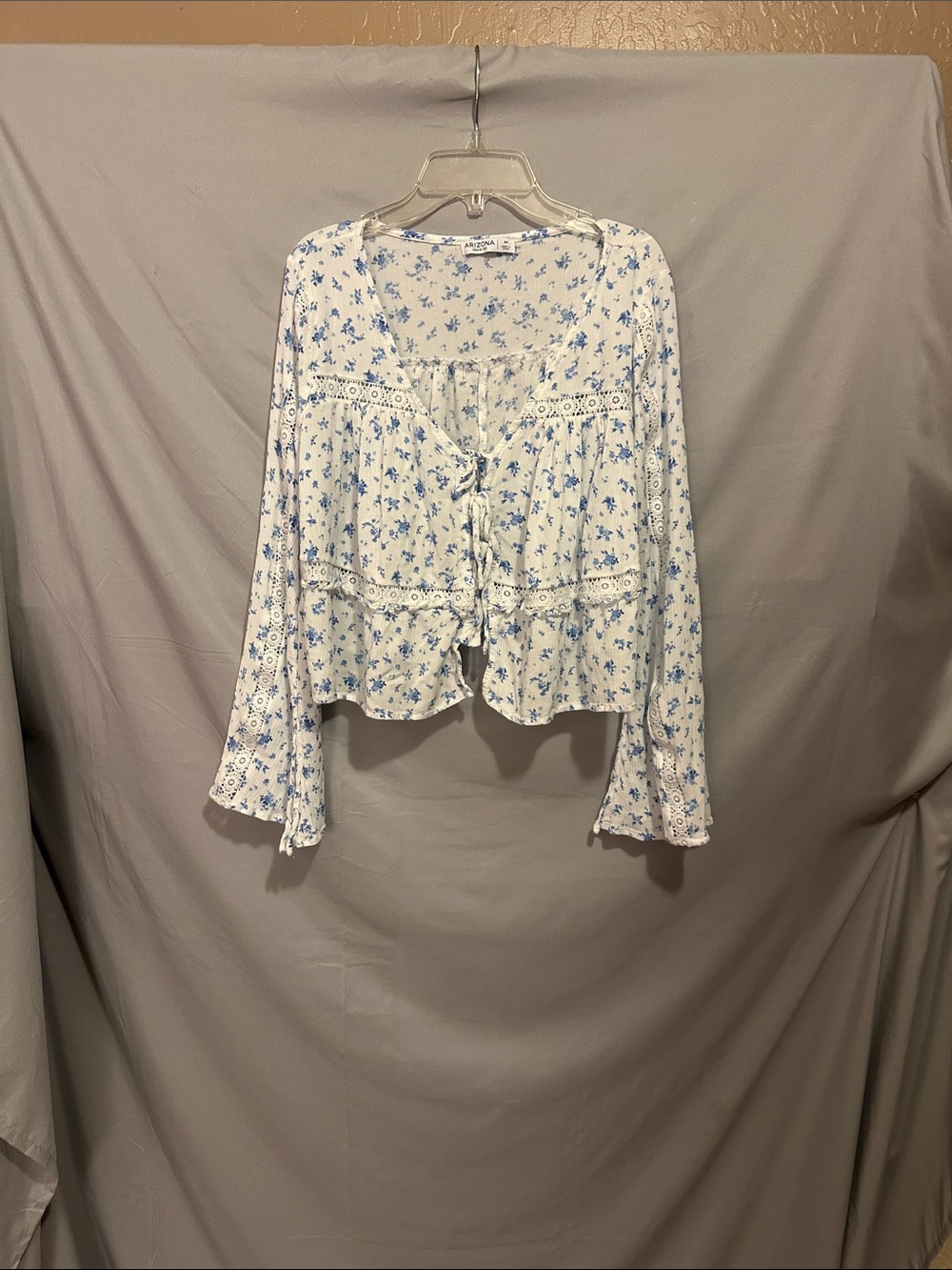 Arizona Jean Company White Blouse with Blue Floral Print and Tie Front